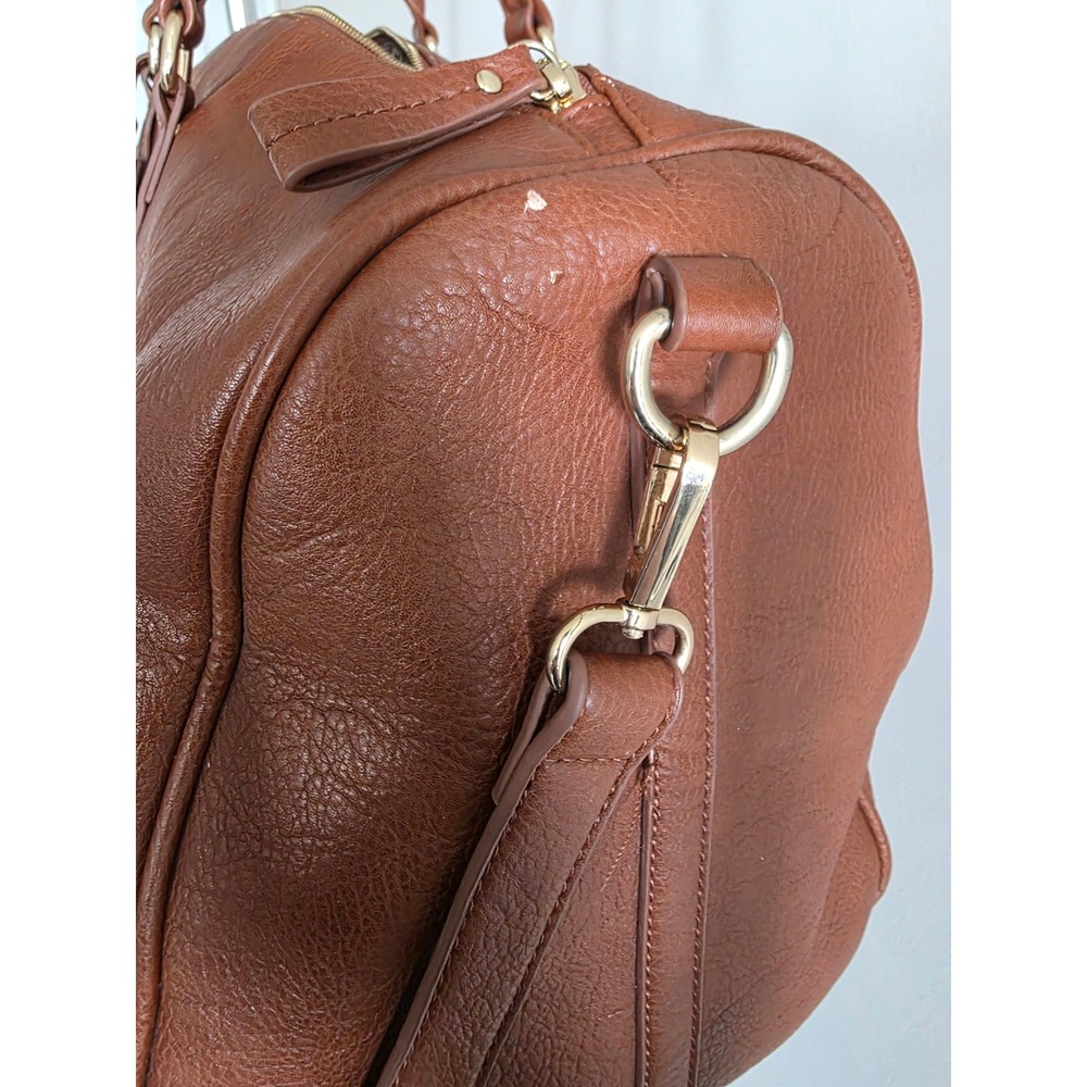 Sole Society Cassi Cognac Brown Vegan Leather Weekender Duffel Bag Leopard Lined - Picture 2 of 13